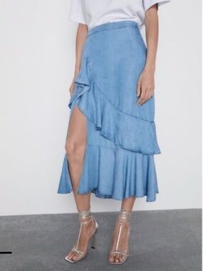 Zara Chambray Ruffle Midi Skirt in Light Blue